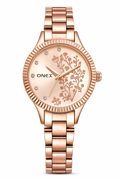 Onex Women’s  Rosegold Dial Analog Watch | Fluted Gold Bezel | Stainless Steel Rosegold Bracelet | Elegant Floral Design | Premium Ladies Wrist Watch