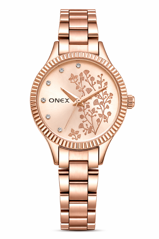Onex Women’s  Rosegold Dial Analog Watch | Fluted Gold Bezel | Stainless Steel Rosegold Bracelet | Elegant Floral Design | Premium Ladies Wrist Watch