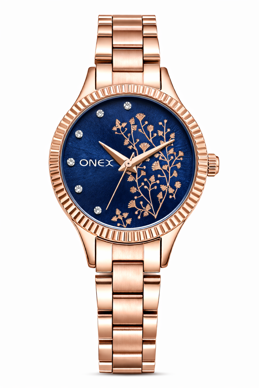Onex Women’s Blue Dial Analog Watch | Fluted Gold Bezel | Stainless Steel Rosegold Bracelet | Elegant Floral Design | Premium Ladies Wrist Watch