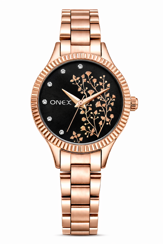 Onex Women’s Black Dial Analog Watch | Fluted Gold Bezel | Stainless Steel Rosegold Bracelet | Elegant Floral Design | Premium Ladies Wrist Watch
