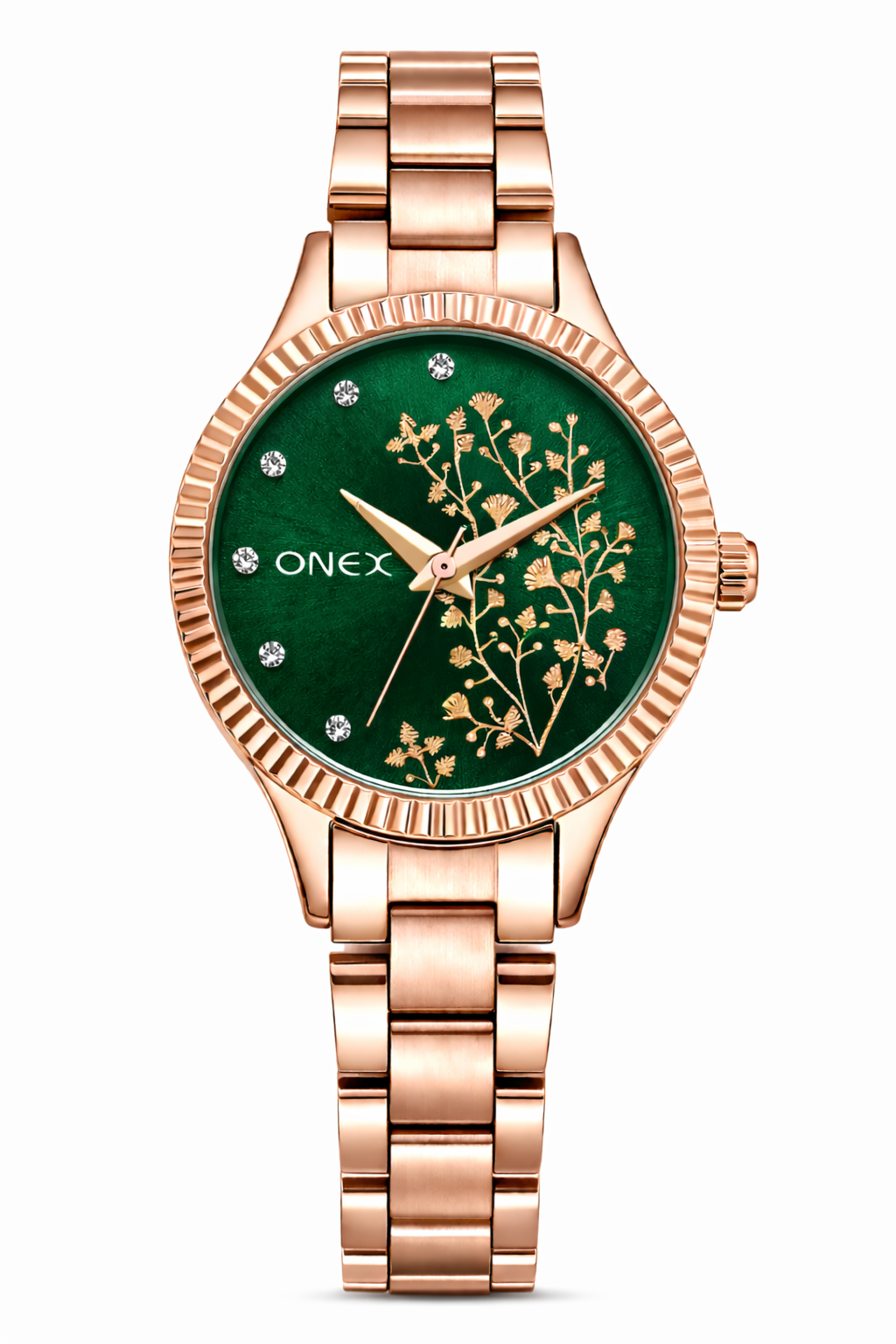 Onex Women’s Green Dial Analog Watch | Fluted Gold Bezel | Stainless Steel Rosegold Bracelet | Elegant Floral Design | Premium Ladies Wrist Watch