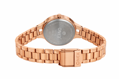 Onex Women’s Black Dial Analog Watch | Fluted Gold Bezel | Stainless Steel Rosegold Bracelet | Elegant Floral Design | Premium Ladies Wrist Watch