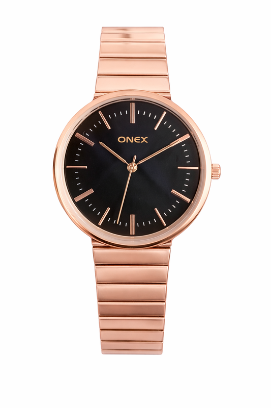 Onex Women’s Rose Gold Bracelet Watch with Black Dial – Elegant Slim Analog Wrist Watch