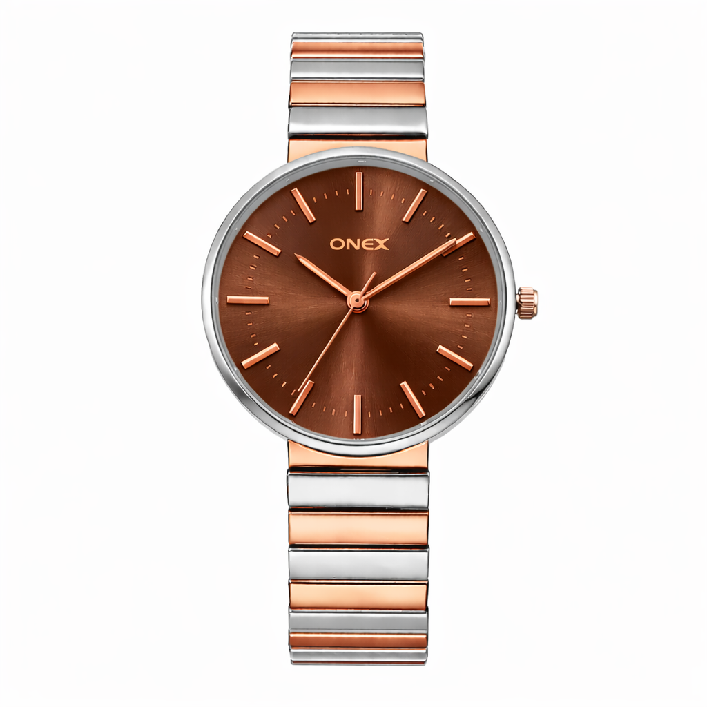 Onex Women’s Two Tone Bracelet Watch with Brown Dial – Elegant Slim Analog Wrist Watch