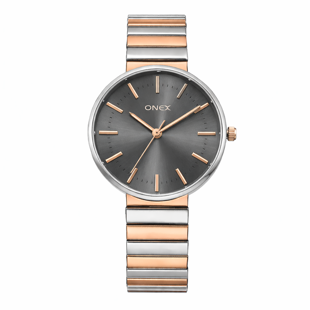 Onex Women’s Two Tone Bracelet Watch with Grey Dial – Elegant Slim Analog Wrist Watch