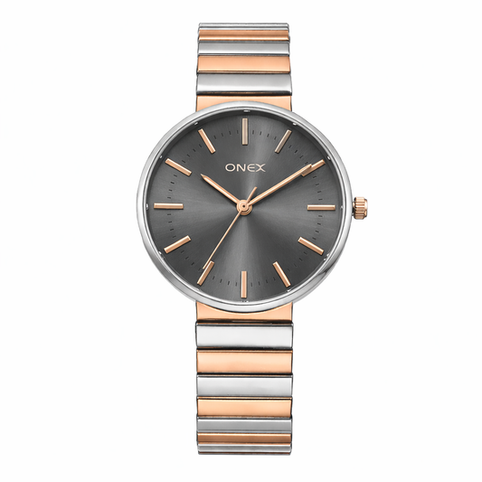 Onex Women’s Two Tone Bracelet Watch with Grey Dial – Elegant Slim Analog Wrist Watch