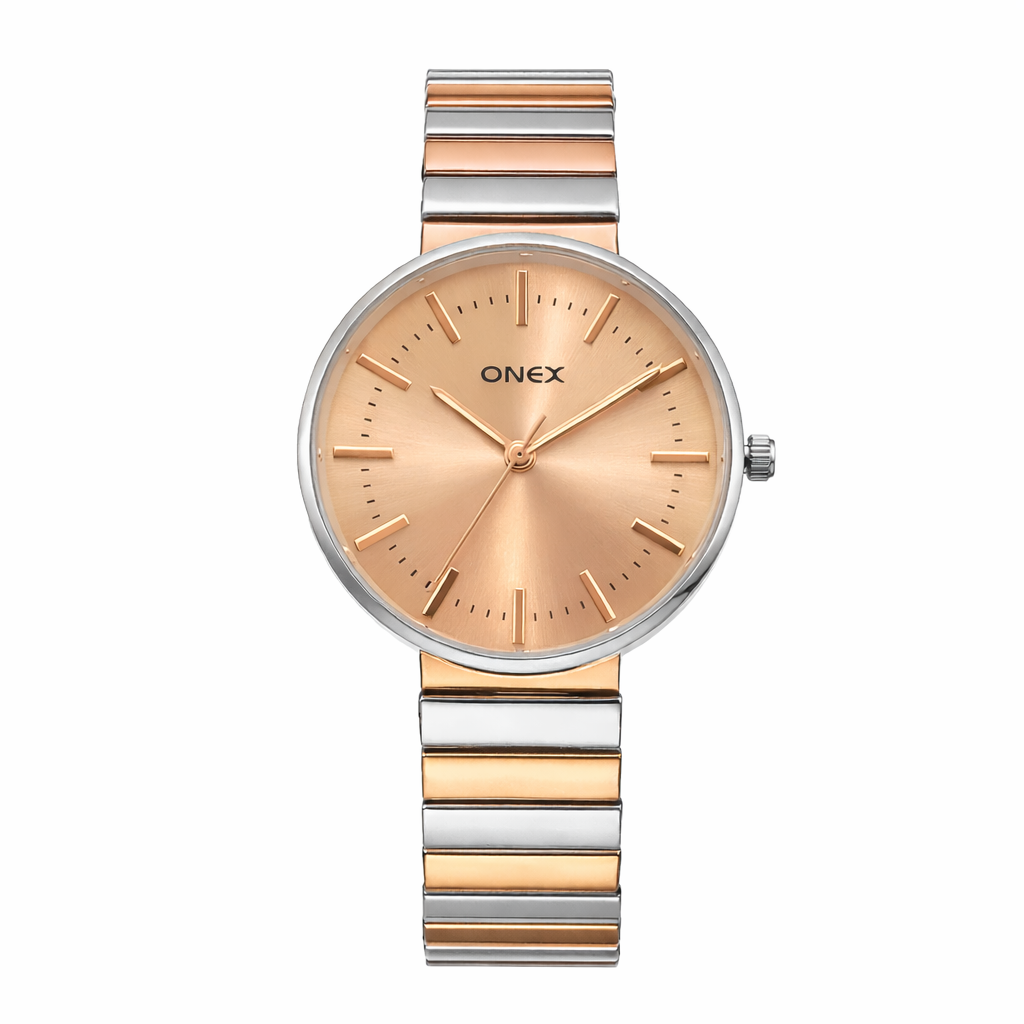 Onex Women’s Two Tone Bracelet Watch with Rosegold Dial – Elegant Slim Analog Wrist Watch