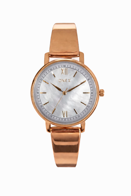 Onex Women’s Rose Gold Bracelet Watch with Silver Mother of Pearl Dial