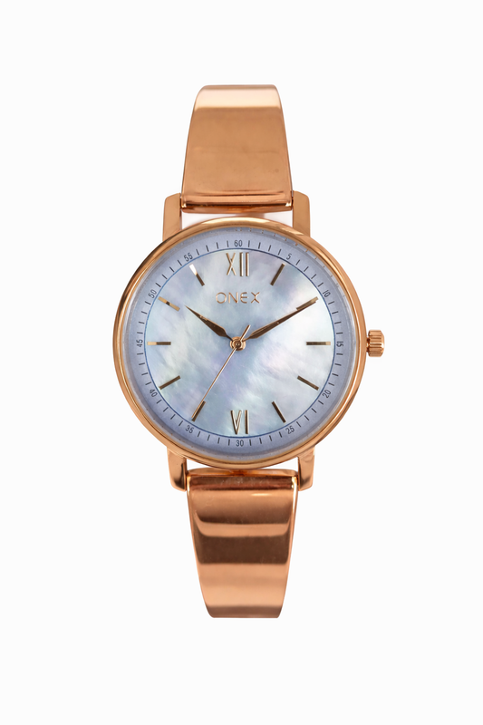 Onex Women’s Rose Gold Bracelet Watch with Blue Mother of Pearl Dial