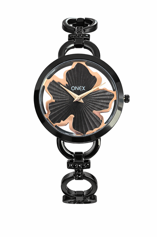 ONEX Black Women’s Bracelet Watch with Light Black Textured Dial & Crystal Accents