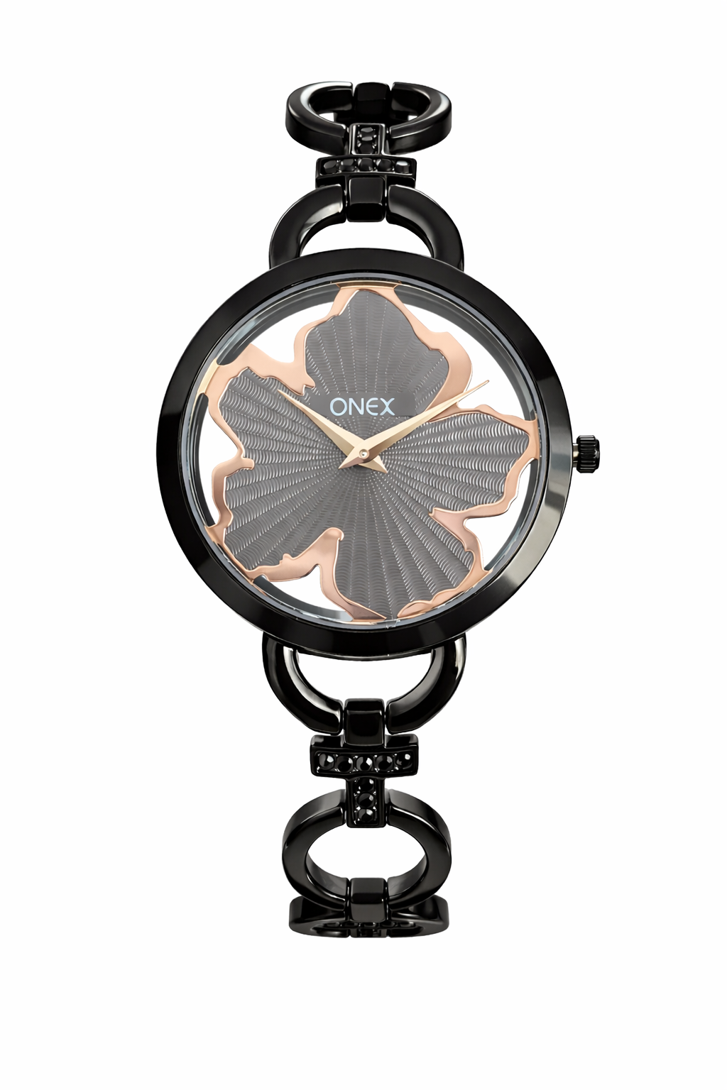 ONEX Black Women’s Bracelet Watch with Light Grey Textured Dial & Crystal Accents