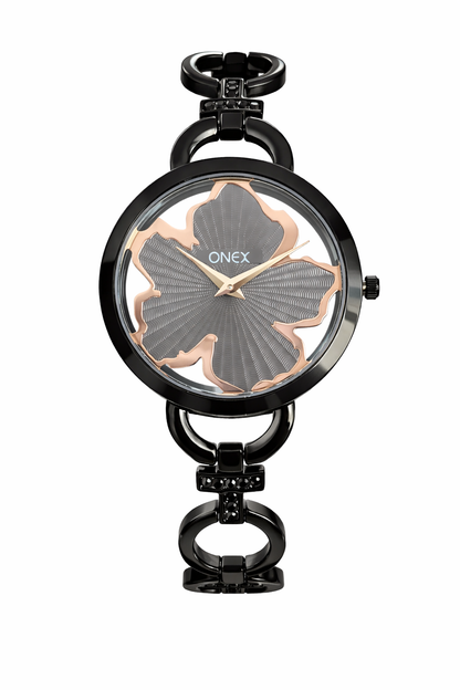 ONEX Black Women’s Bracelet Watch with Light Grey Textured Dial & Crystal Accents