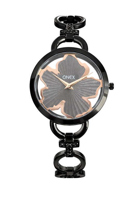 ONEX Black Women’s Bracelet Watch with Light Grey Textured Dial & Crystal Accents