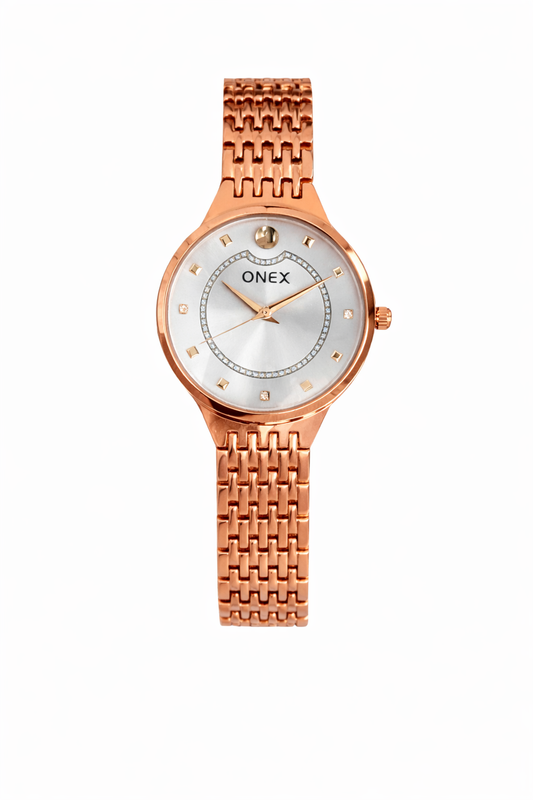 Onex Women’s Rose Gold Analog Watch with Crystal Studded Dial & Bracelet Strap