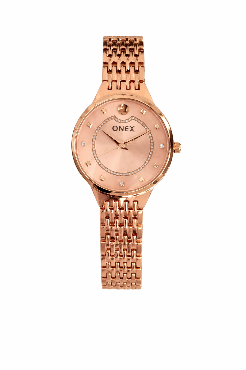 Onex Women’s Rose Gold Analog Watch with Crystal Studded Dial & Bracelet Strap