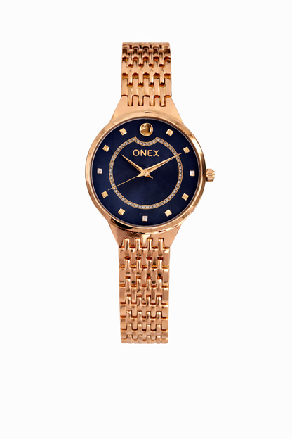 Onex Women’s Rose Gold Analog Watch with Crystal Studded Dial & Bracelet Strap