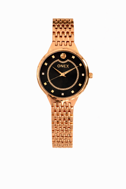 Onex Women’s Rose Gold Analog Watch with Crystal Studded Dial & Bracelet Strap