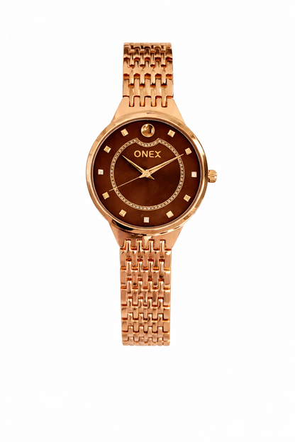 Onex Women’s Rose Gold Analog Watch with Crystal Studded Dial & Bracelet Strap