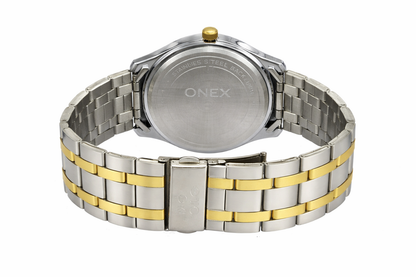 ONEX Premium Two Tone Gold Dial Analog Day & Date Display Stainless Steel Strap Gents Watch – Elegant Formal & Casual Wrist Watch for Men