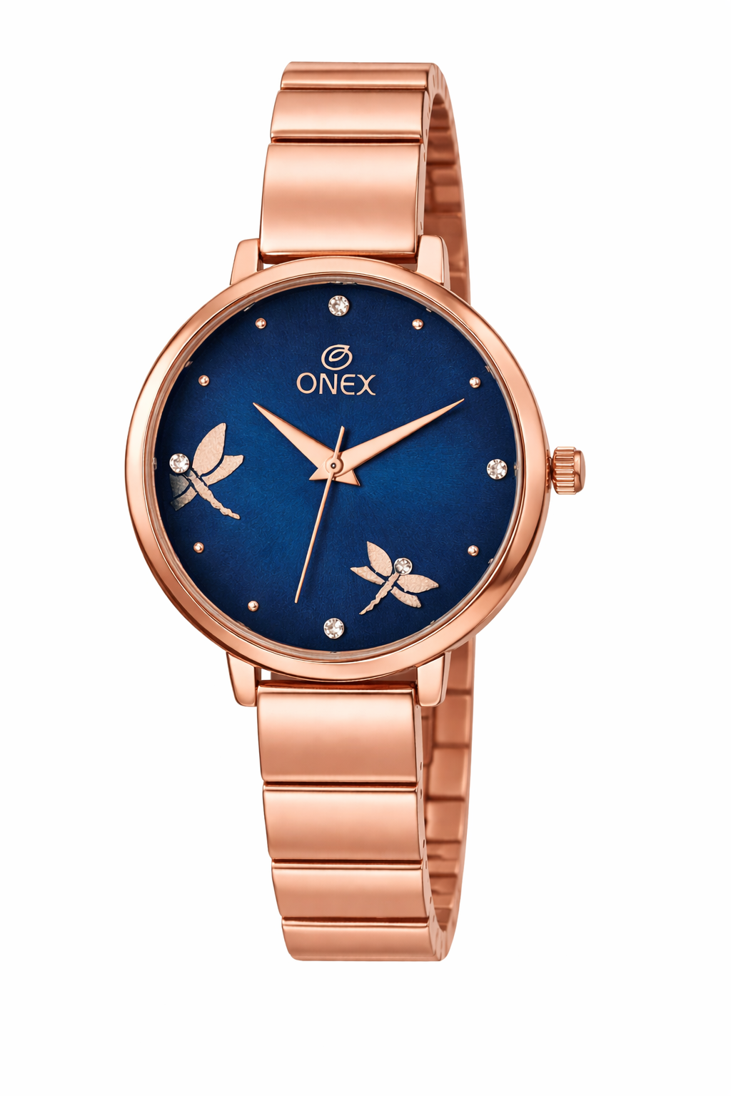Onex Women’s Rose Gold Bracelet Watch with Crystal Markers & Dragonfly Dial