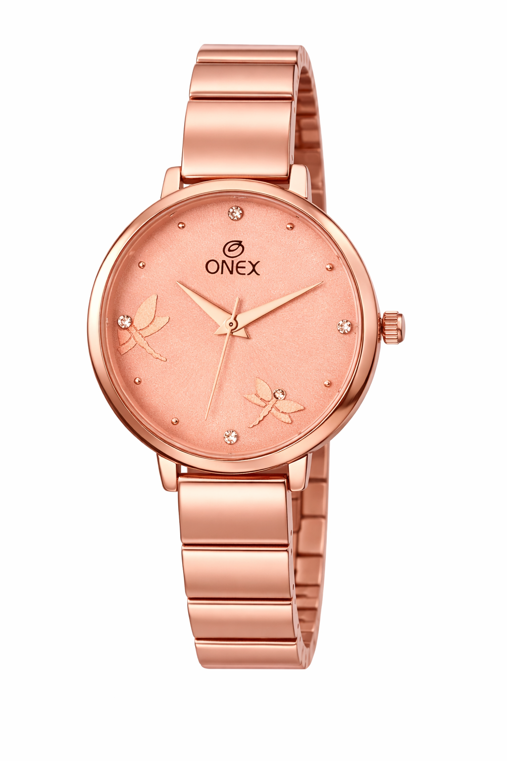 Onex Women’s Rose Gold Bracelet Watch with Crystal Markers & Dragonfly Dial