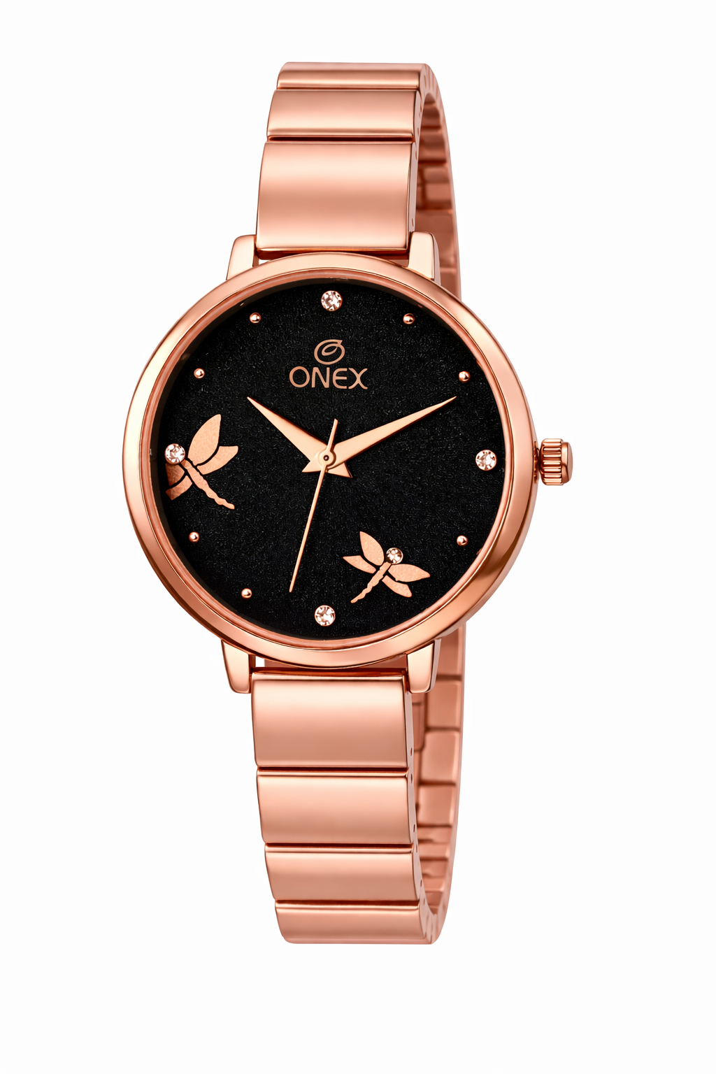 Onex Women’s Rose Gold Bracelet Watch with Crystal Markers & Dragonfly Dial