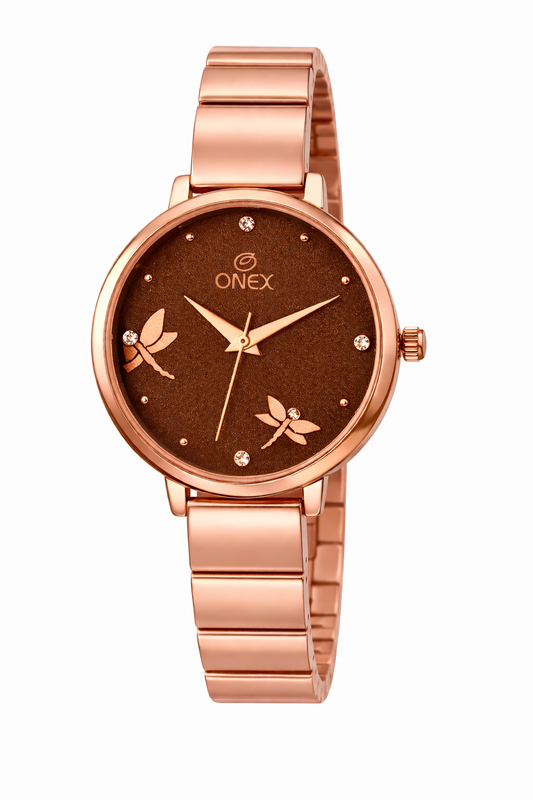 Onex Women’s Rose Gold Bracelet Watch with Crystal Markers & Dragonfly Dial