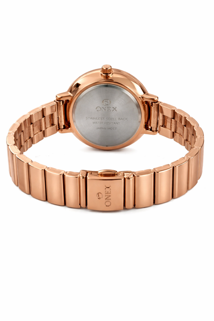 Onex Women’s Rose Gold Bracelet Watch with Crystal Markers & Dragonfly Dial