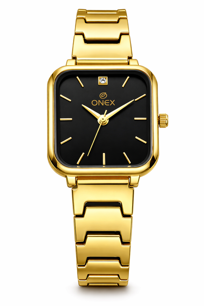 Onex Women’s Gold Square Dial Watch with Black Face & Premium Metal Bracelet