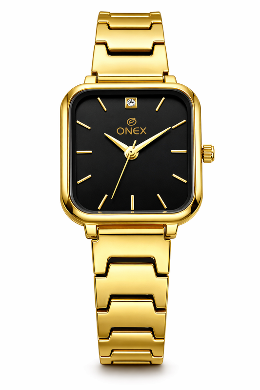 Onex Women’s Gold Square Dial Watch with Black Face & Premium Metal Bracelet