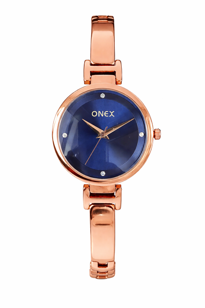 Onex Women’s Rose Gold Bracelet Watch with Blue Floral Dial