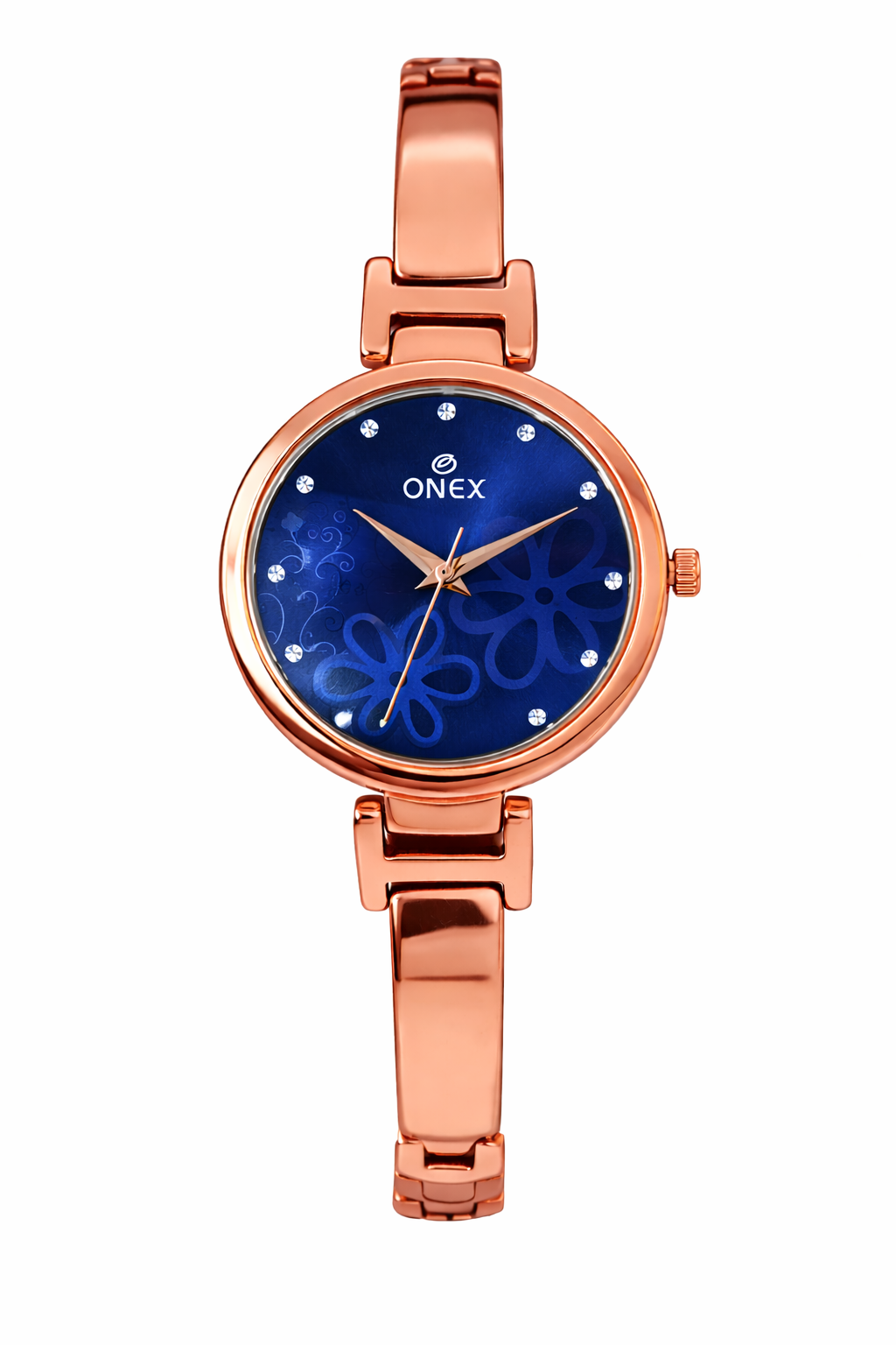 Onex Women’s Rose Gold Bracelet Watch with Blue Floral Dial