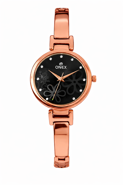 Onex Women’s Rose Gold Bracelet Watch with Black Floral Dial