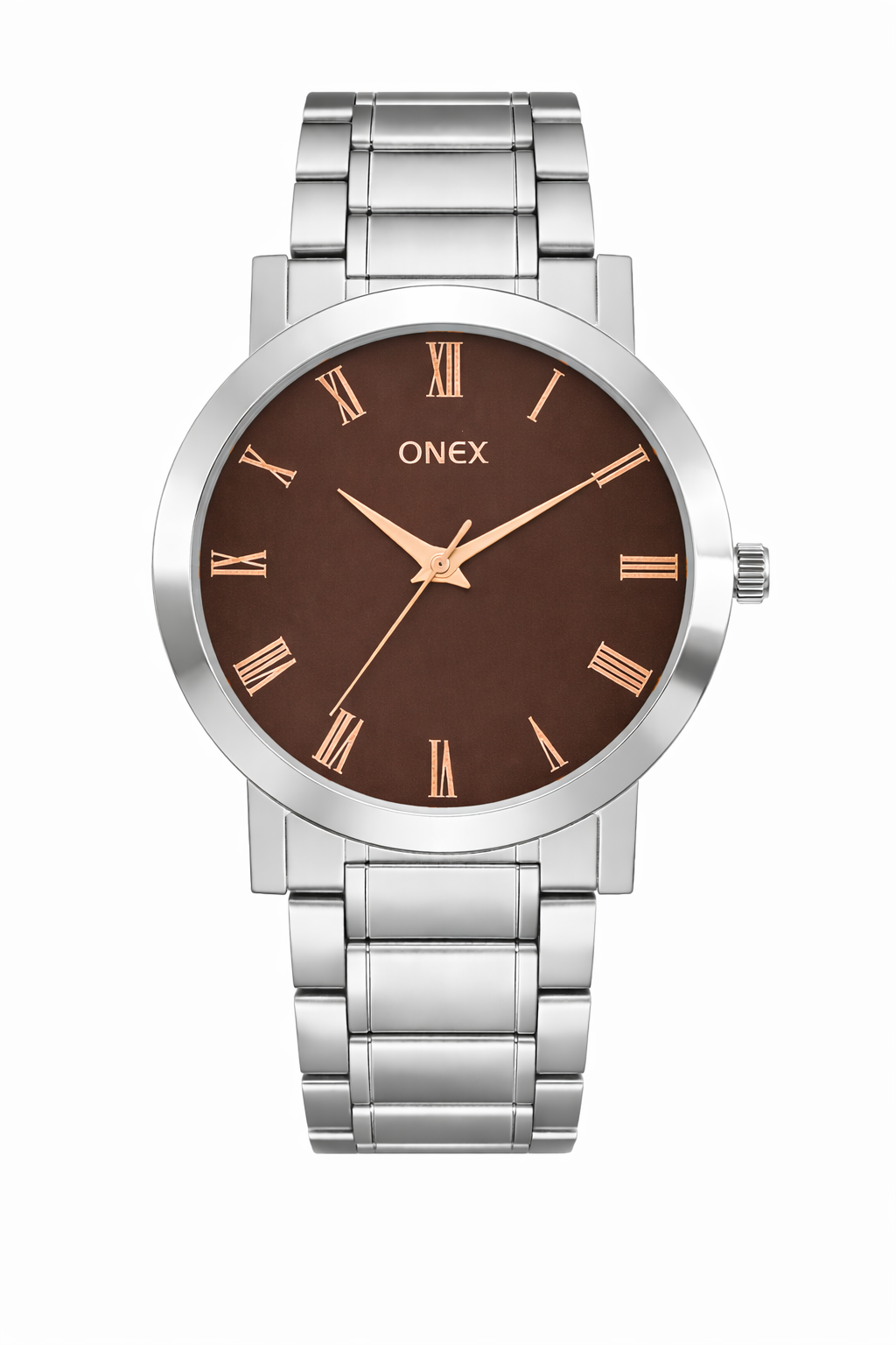 ONEX Men's Stainless Steel Analog Watch with Brown Dial & Rose Gold Roman Numerals | Classic Quartz Wrist Watch for Men | Premium Silver Strap