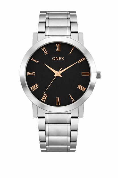 ONEX Men's Stainless Steel Analog Watch with Black Dial & Rose Gold Roman Numerals | Classic Quartz Wrist Watch for Men | Premium Silver Strap