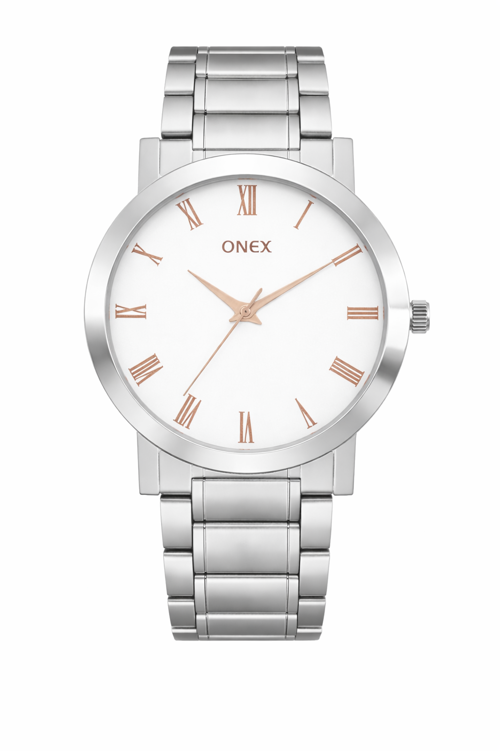 ONEX Men's Stainless Steel Analog Watch with Silver Dial & Rose Gold Roman Numerals | Classic Quartz Wrist Watch for Men | Premium Silver Strap