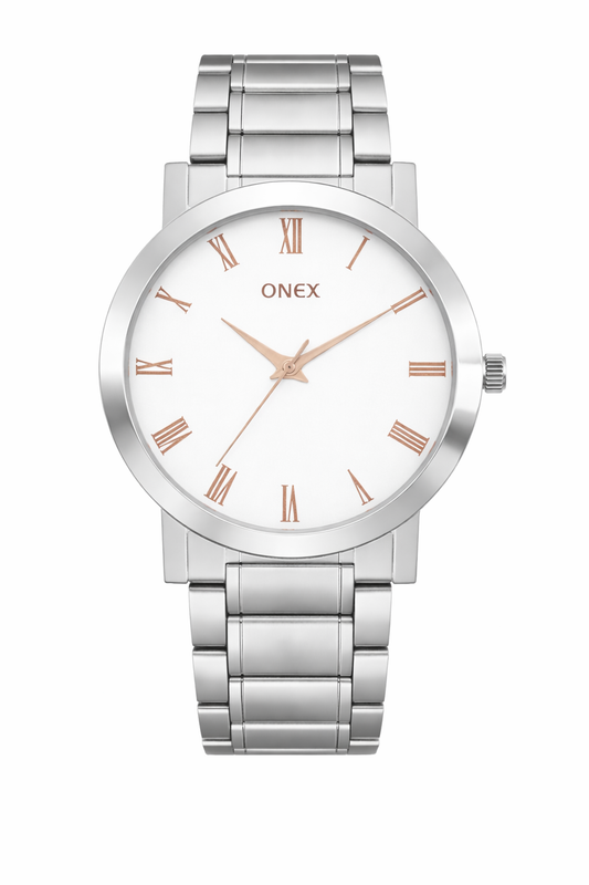 ONEX Men's Stainless Steel Analog Watch with Silver Dial & Rose Gold Roman Numerals | Classic Quartz Wrist Watch for Men | Premium Silver Strap