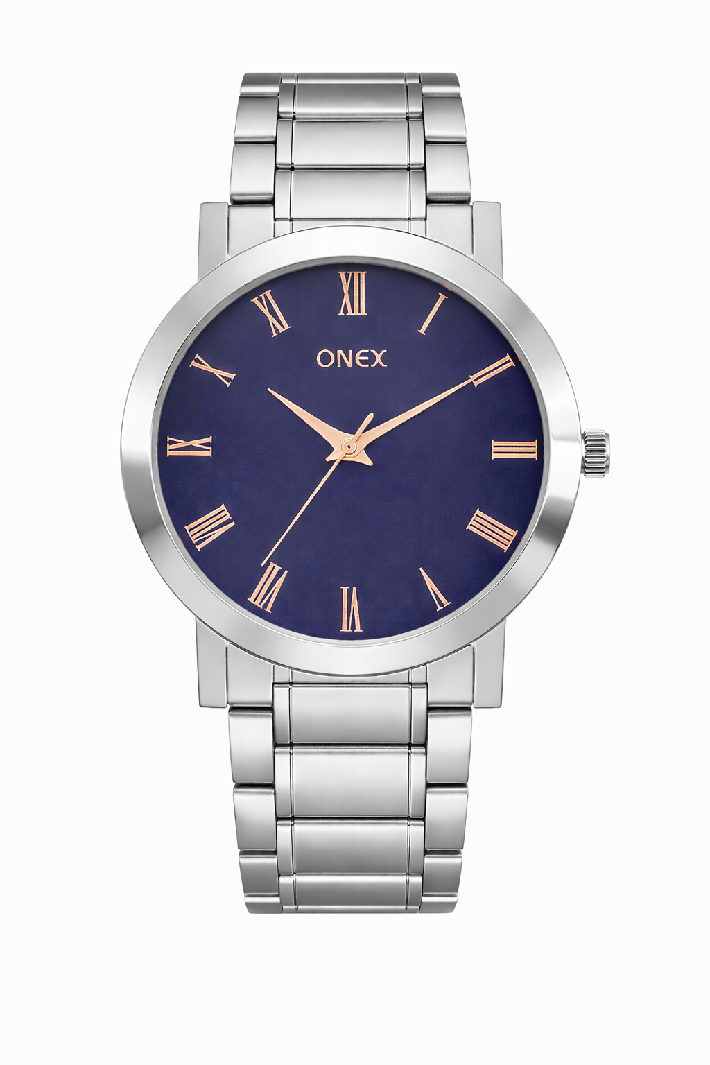ONEX Men's Stainless Steel Analog Watch with Blue Dial & Rose Gold Roman Numerals | Classic Quartz Wrist Watch for Men | Premium Silver Strap