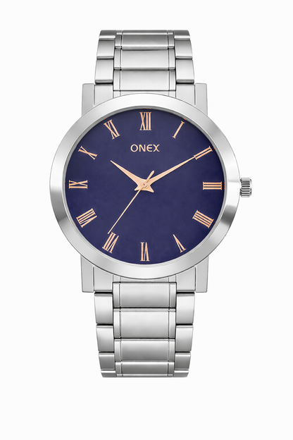 ONEX Men's Stainless Steel Analog Watch with Blue Dial & Rose Gold Roman Numerals | Classic Quartz Wrist Watch for Men | Premium Silver Strap