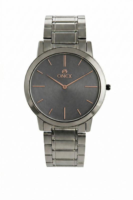 ONEX Men’s Premium Analog Watch – Grey Sunray Dial, Rose Gold Index Markers, Stainless Steel Strap | Elegant & Classic Design
