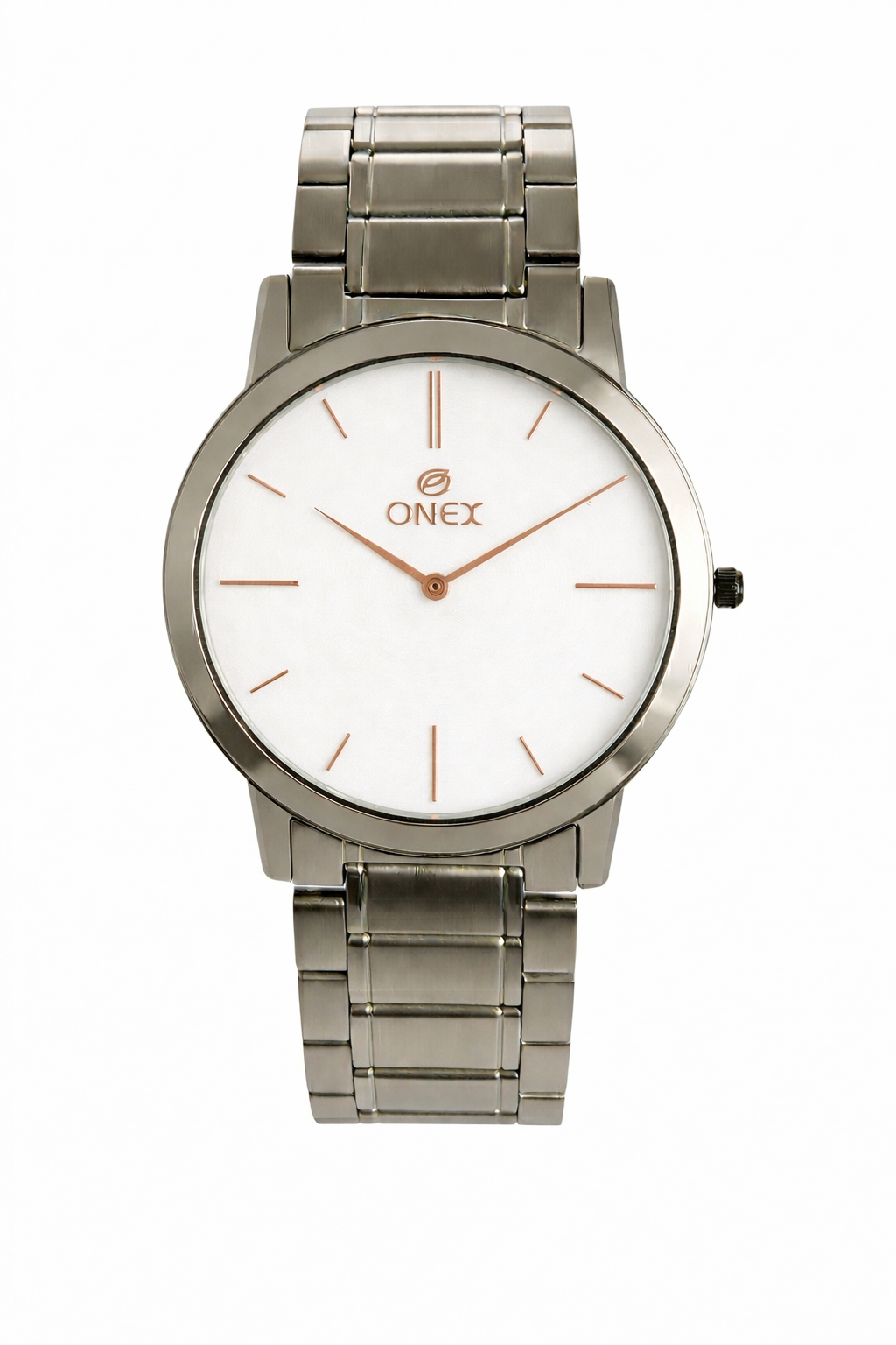 ONEX Men’s Premium Analog Watch – Silver Sunray Dial, Rose Gold Index Markers, Stainless Steel Strap | Elegant & Classic Design