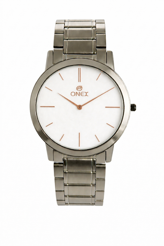 ONEX Men’s Premium Analog Watch – Silver Sunray Dial, Rose Gold Index Markers, Stainless Steel Strap | Elegant & Classic Design