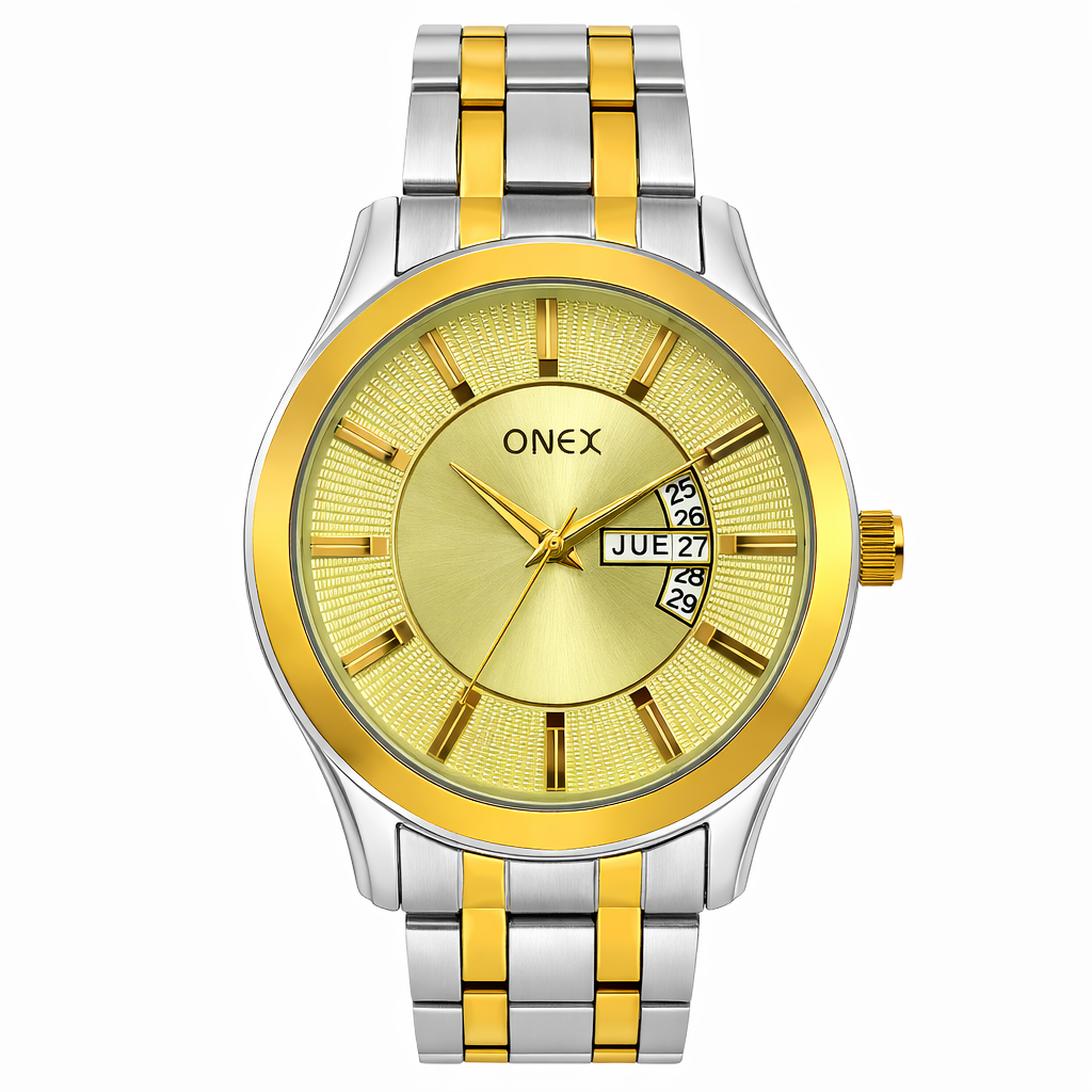 ONEX Premium Two Tone Gold Dial Analog Day & Date Display Stainless Steel Strap Gents Watch – Elegant Formal & Casual Wrist Watch for Men
