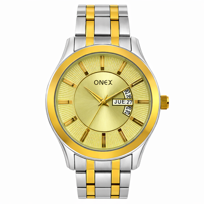 ONEX Premium Two Tone Gold Dial Analog Day & Date Display Stainless Steel Strap Gents Watch – Elegant Formal & Casual Wrist Watch for Men