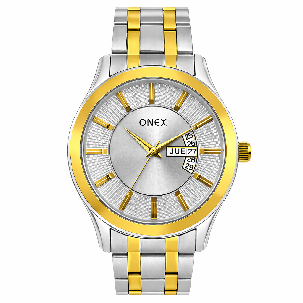 ONEX Premium Two Tone Silver Dial Analog Day & Date Display Stainless Steel Strap Gents Watch – Elegant Formal & Casual Wrist Watch for Men