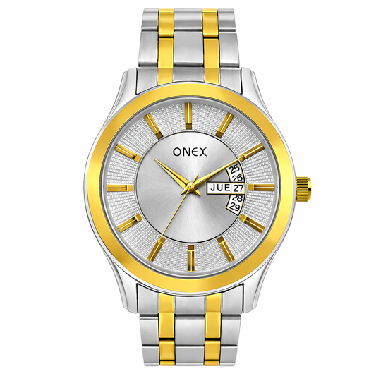 ONEX Premium Two Tone Silver Dial Analog Day & Date Display Stainless Steel Strap Gents Watch – Elegant Formal & Casual Wrist Watch for Men