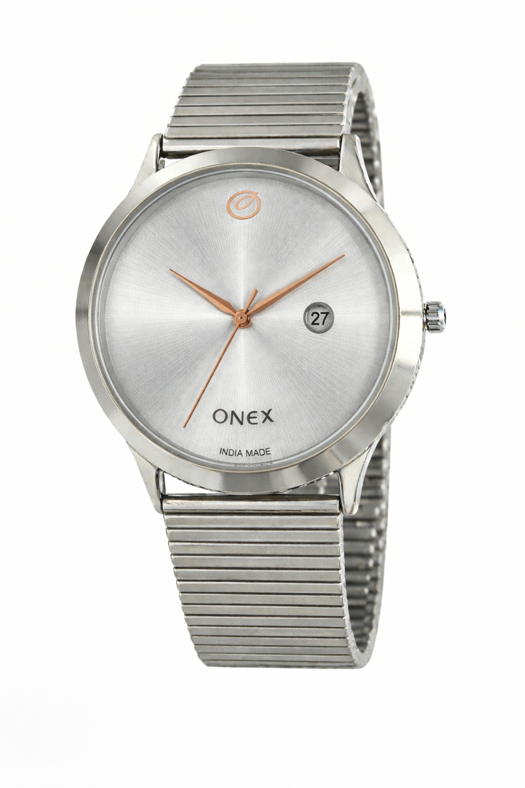 ONEX Men’s Analog Watch with Date Display | Silver Sunray Dial | Stainless Steel Case & Expandable Metal Strap | Premium Casual & Formal Watch for Men