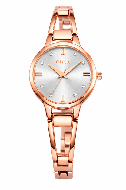 ONEX Elegant Women’s Analog Watch – Rose Gold Bracelet Strap, Silver Dial with Crystal Hour Markers | Stylish & Slim Ladies Wrist Watch