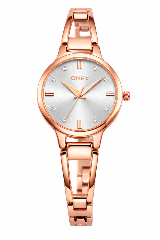ONEX Elegant Women’s Analog Watch – Rose Gold Bracelet Strap, Silver Dial with Crystal Hour Markers | Stylish & Slim Ladies Wrist Watch