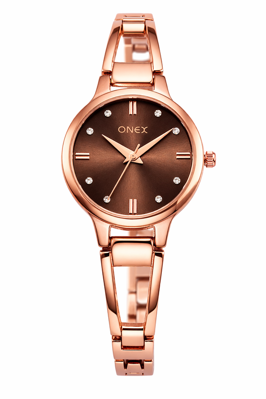 ONEX Elegant Women’s Analog Watch – Rose Gold Bracelet Strap, Brown Dial with Crystal Hour Markers | Stylish & Slim Ladies Wrist Watch